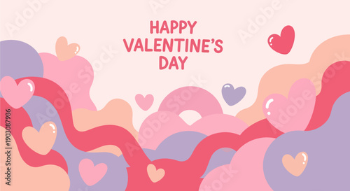 A vibrant illustration for Valentine's Day featuring a 'Happy Valentine's Day' message surrounded by various hearts and abstract wavy shapes in shades of pink, red, and purple.