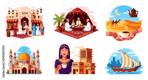 Vibrant Middle Eastern cultural scenes with traditional people and architecture