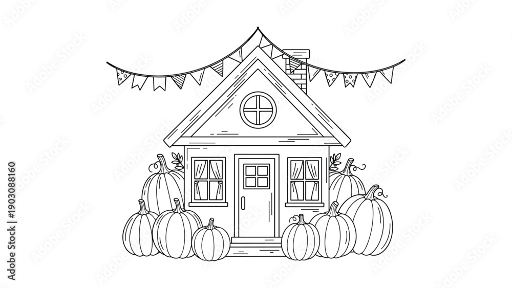 Fototapeta premium A cozy autumn scene coloring page with a small house decorated with a flag banner and surrounded by many pumpkins for harvest.