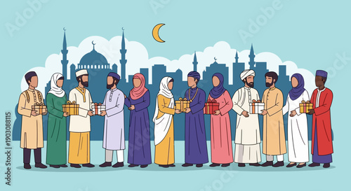 Diverse Muslim community sharing gifts in front of mosque during Ramadan