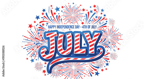 4th of July patriotic celebration badge with fireworks and stars, Independence Day banner or poster element, red white and blue color scheme, vector illustration for website or social media