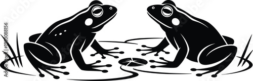 Frog silhouette illustration, amphibian wildlife pond scene, black animal shadow design, nature fauna icon, minimalist contour aquatic creature artwork