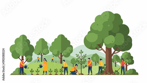 Illustration of diverse group of people planting trees and gardening in a lush green park with a mountain range in the background.