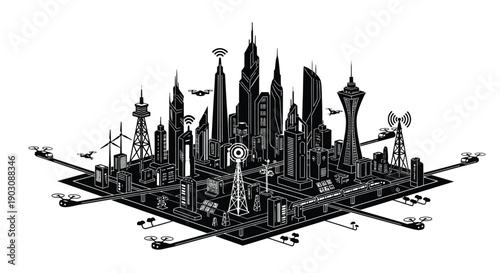 Illustration of a dense futuristic smart city showcasing advanced technology integration and aerial transport systems