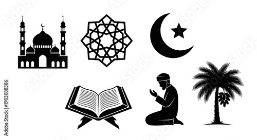 Islamic symbols and mosque architecture in black silhouette