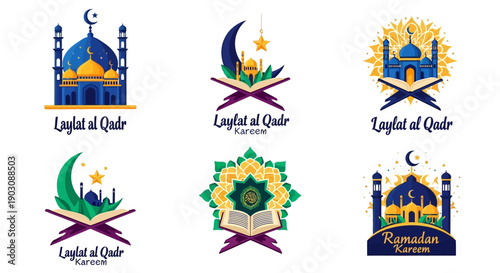 Vibrant Islamic holiday graphics with mosques and holy book illustrations