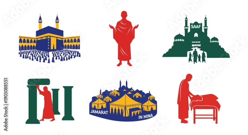 Vibrant Islamic architecture and pilgrimage symbols in colorful graphic illustrations