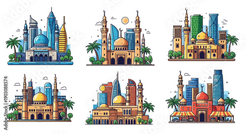 Vibrant Middle Eastern city skylines with mosques and modern architecture