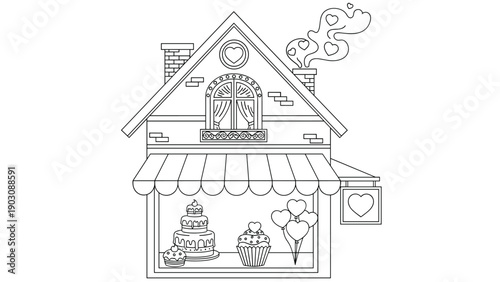 A lovely coloring page of a sweet shop or bakery with heart decorations and a beautiful window display of cakes and cupcakes.