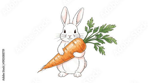 A charming watercolor-style illustration of a fluffy white bunny rabbit standing and holding a large orange carrot with greens.