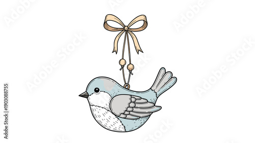 A vintage-style hand-drawn Christmas tree ornament shaped like a cute blue bird, hanging from a ribbon with decorative beads.