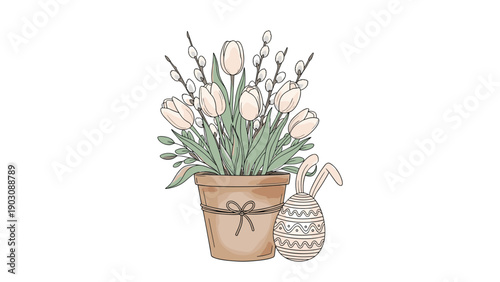 A lovely Easter-themed composition in a terra-cotta pot, featuring tulips, pussy willow, and a decorated egg with bunny ears.