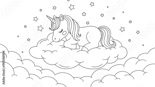 A magical coloring page of a cute unicorn sleeping peacefully on a fluffy cloud under a starry sky, perfect for creative kids.