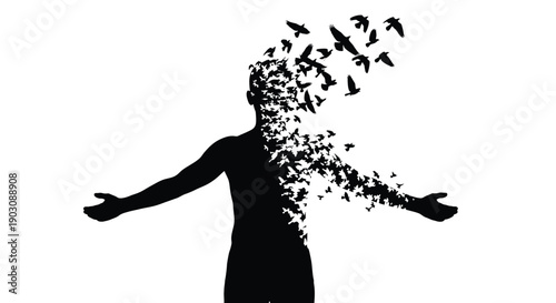 Silhouette of a person transforming into a flock of birds symbolizes freedom and letting go