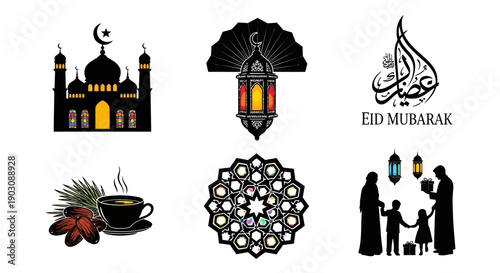 Eid Mubarak celebration icons with mosque, lantern, and traditional elements