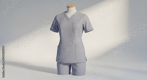 The 3D nurse uniform mockup is displayed on a realistic mannequin wearing a clean medical uniform with neat fabric folds, a short-sleeved top, and matching pants, with a solid neutral background