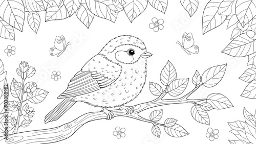 A detailed and peaceful coloring page of a small bird perched on a leafy branch with little flowers and butterflies fluttering around.