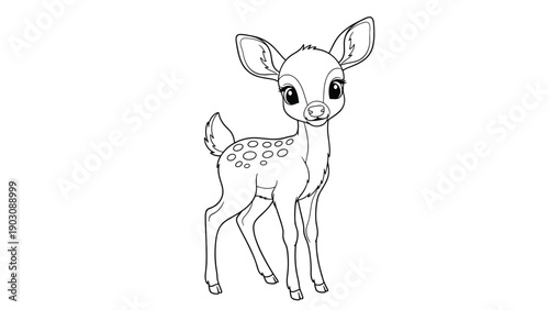 A sweet and simple coloring page of a standing baby deer or fawn with large eyes and spotted fur for young children to color.