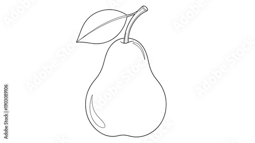 A minimalist and easy coloring page for young children, featuring a simple outline of a pear with a stem and a single leaf.