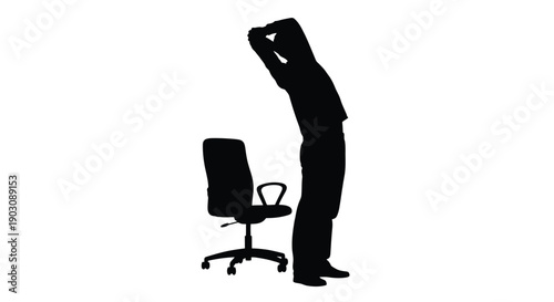 Silhouette of a man standing up stretching his arms over his head near an office chair