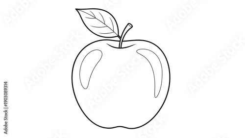 A simple, bold black and white outline of a perfect apple with a single leaf on its stem, ideal for a first coloring page.