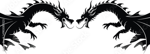 Two mirrored dragon silhouettes facing each other, Asian mythical creatures illustration, fantasy emblem design, black tribal tattoo style artwork graphic