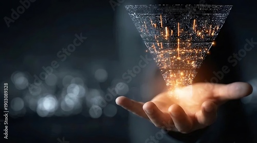 A hand cradling a glowing digital network with a dark background and bokeh lights