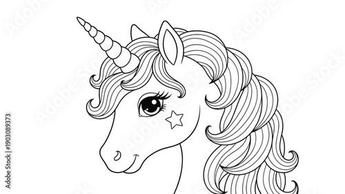 A beautiful coloring page portrait of a magical unicorn's head, featuring a long flowing mane, a spiral horn, and a star.