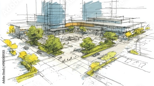 Urban planning concept illustration showing a vibrant city plaza design with modern buildings, commercial spaces, green areas, and pedestrian zones for community gathering