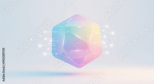 Iridescent abstract geometric shape with glowing data lines representing digital connectivity