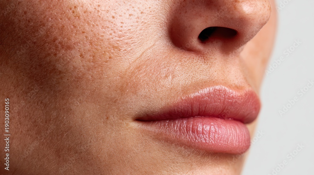 Obraz premium Person's facial skin showing open pores, dry patches, and freckles, illustrating dermatology concepts, skincare concerns, skin health, and natural texture in a detailed macro view