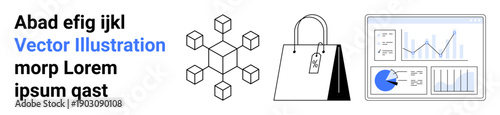 Shopping bag with price tag, 3D cubes showing connectivity, analytics dashboard with graphs. Ideal for e-commerce, retail, marketing, product design, data analysis, technology simple landing page