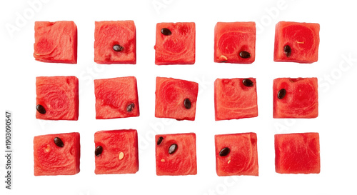 Fotografie Fresh watermelon cubes PNG, isolated on transparent background Juicy red fruit p