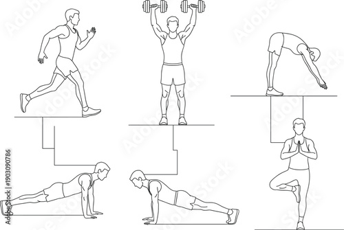 Fitness exercise line illustration set showing running weightlifting stretching yoga and push up workout poses vector