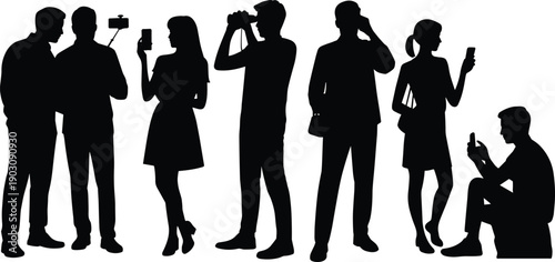 Diverse group of people in silhouette using modern technology and engaging in social activities communication