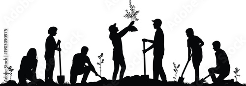 Diverse group of people silhouetted against a white background planting young trees together in a community effort symbolizing environmental care and growth