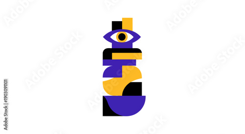 A stylized abstract illustration featuring geometric shapes, an eye, and vibrant colors, creating a modern art composition with layered elements and bold design