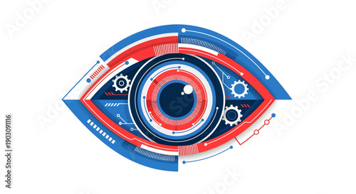 An abstract futuristic eye with red, white, and blue geometric shapes and gears, representing technology and innovation, viewed from a straightforward perspective.
