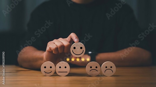 A person choosing happiness and positivity over sadness and negativity with wooden emoticon faces