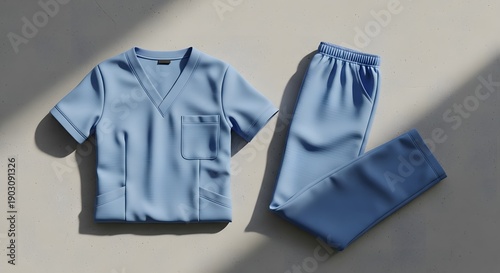 Medical Apparel: A modern set of medical scrubs, meticulously arranged, representing the professionalism and cleanliness of healthcare attire. 