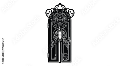 Ornate antique keyhole and intricate decorative door design in stark black and white silhouette vector graphic