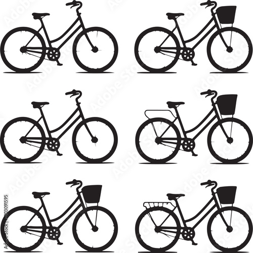 Six different bicycle designs with various features shown in profile
