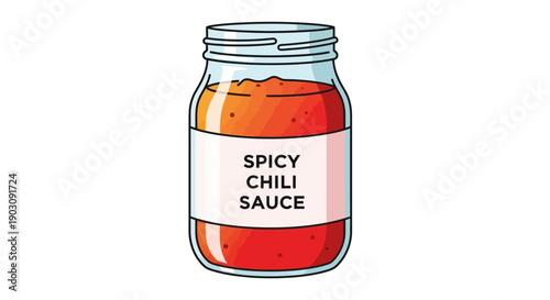 A brightly illustrated glass jar containing vibrant red spicy chili sauce on a white background