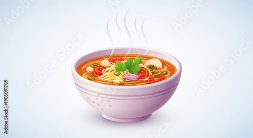 Delicious steaming bowl of hot noodle soup with fresh vegetables and flavorful broth