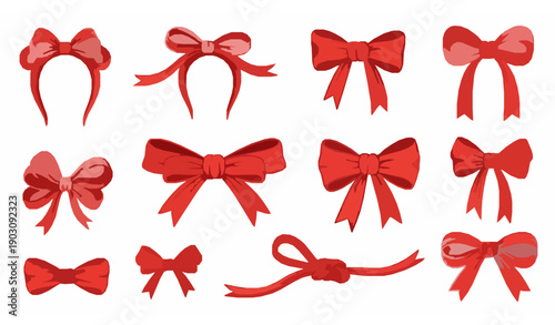 Red Bow Knots Gift Ribbon Hand Drawn Flat Vector Set