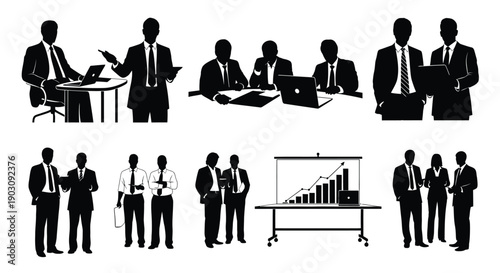 Business professionals silhouettes engaging in various office teamwork and presentation scenarios collection