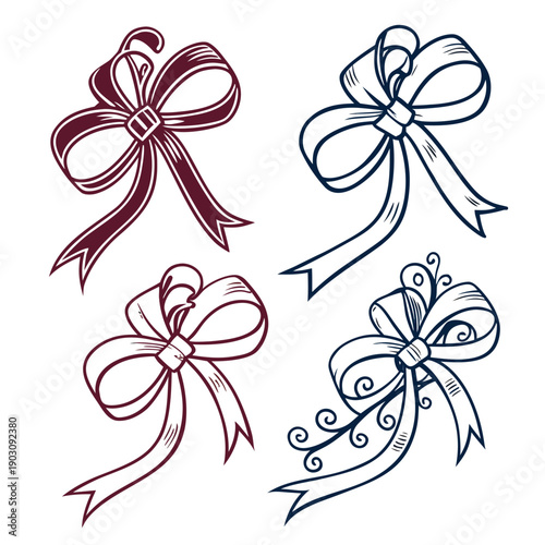 A collection of four elegant and intricately designed bows in various colors Vector