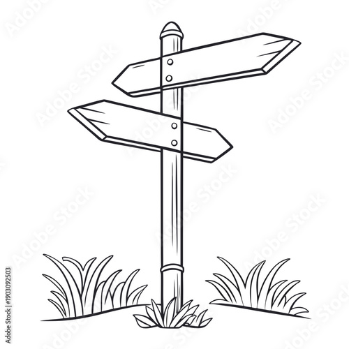 A black and white illustration of a signpost with three directional signs. Vector