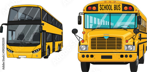 School bus and city bus illustration set with yellow educational transport vehicles front and side view flat vector design