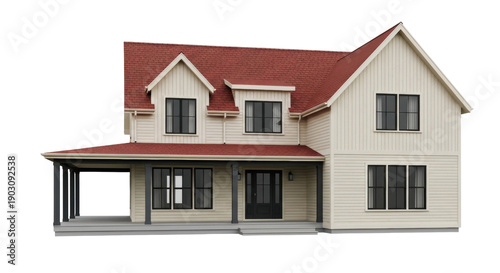 Tableau sur toile Modern farmhouse isolated PNG, two-story house with red roof and porch on transp